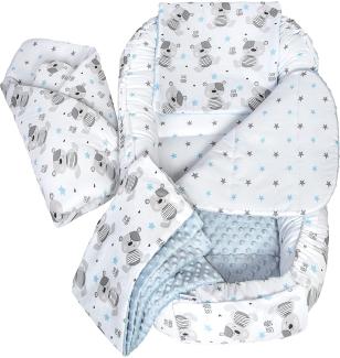 Medi Partners 5 teilig Babynestchen Set Babynest 90x50 herausnehmbarer Einsatz Bett Kuschelnest Krabbeldecke Babys Neugeborene 100% Baumwolle (Teddybär mit Hellblauen Minky)