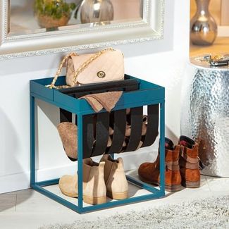 Dmora Couchtisch aus blau lackiertem Metall, mit Zeitungsständer aus gekochter Wolle, 35 x 35 x 40 cm