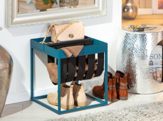 Dmora Couchtisch aus blau lackiertem Metall, mit Zeitungsständer aus gekochter Wolle, 35 x 35 x 40 cm