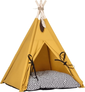 PawHut Tierbett mit abnehmbar und waschbar Kissen, rutschfestem Boden, Spielball, Oxfordstoff, für Katzen unter 5kg, Mini Hunde, 60 x 60 x 76 cm, Gelb