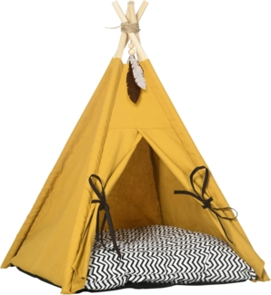 PawHut Tierbett mit abnehmbar und waschbar Kissen, rutschfestem Boden, Spielball, Oxfordstoff, für Katzen unter 5kg, Mini Hunde, 60 x 60 x 76 cm, Gelb