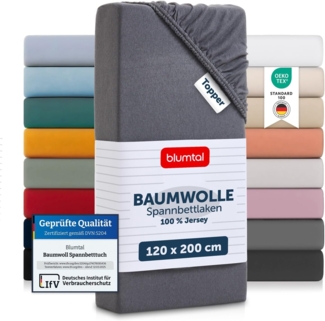 Blumtal® Baumwolle Spannbettlaken für Topper 120x200 cm Basics Jersey - Bettlaken 120x200 cm - Oeko-TEX zertifiziertes Spannbetttuch 120x200 cm - Topper Spannbettlaken - Betttuch - Grau