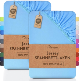 NatureMark 2er Pack Jersey Spannbettlaken, Spannbetttuch 100% Baumwolle in vielen Größen und Farben MARKENQUALITÄT ÖKOTEX Standard 100 | 200x220 cm +40 Steg - hell blau