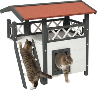 PawHut Tierhöhle Kleintierhaus mit Asphaltdach, 2-stöckig, Katzenvilla mit Balkon, für Garten, Balkon, Weiß