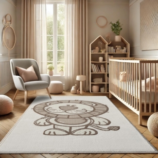 Teppich Kinderzimmer 120x160cm - Pastell Beige Creme - Kurzflor Spielteppich mit niedlichem Safari Löwe Motiv