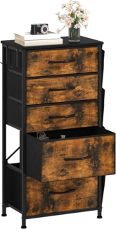 DWVO Kommode mit 5 Schubladen, langlebiger Schrank mit Haken & Seitentaschen, Stoffschubladen mit Griffen, Robustes Metallgestell, Rustikal Braun
