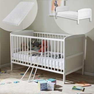 Babybett Kinderbett 70x140 mit Matratze Umbaubares Gitterbett höhenverstellbar & herausnehmbare Sprossen | Weiss Vollholz Kiefer Made in Europe