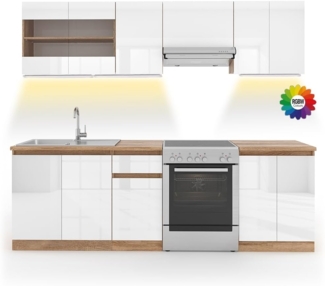 Küchenzeile Raul Weiß Hochglanz/Weiß 240 cm , AP Sonoma mit LED-Leisten Vicco