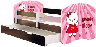 ACMA Kinderbett Jugendbett mit Einer Schublade und Matratze Wenge mit Rausfallschutz Lattenrost II 140x70 160x80 180x80 (15 Sweet Kitty, 140x70 + Bettkasten)