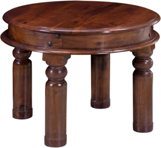 Massivmoebel24 Couchtisch OXFORD (60x60x45 Akazie, runder Couchtisch aus massiven Akazienholz im Landhausstil), hochwertiges Edelholz,authentische Holzadern,aufwendige Schnitzereien und Verzierungen,
