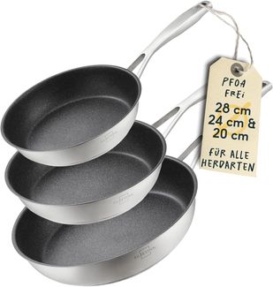 SILBERTHAL Bratpfannen Set 3 teilig - Edelstahlpfanne Beschichtet - 20, 24 und 28 cm - Induktionsgeeignet - Anti-Haft - Backofenfest bis 250°