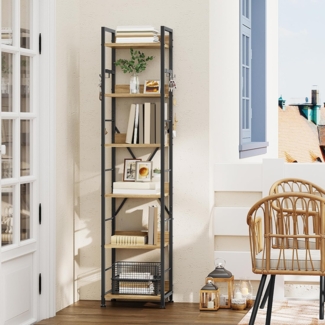 YITAHOME Bücherregal mit 6 Ebenen, bodenstehendes Bücherregal mit 4 Haken, Holzregal und Metallrahmen, Bücherregal, industrielles Hochregal zur Aufbewahrung für Wohnzimmer, Heimbüro, Eichenfarbe