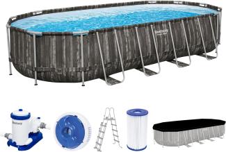 Power Steel™ Frame Pool Komplett-Set mit Filterpumpe 732 x 366 x 132 cm, Holz-Optik (Mooreiche), oval
