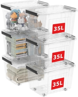 Cetomo 35L*6 Aufbewahrungsboxen mit Deckeln, Kunststoff-Aufbewahrungsbox mit Rollen und Clips, Kunststoffbox für Zuhause und Büro, BPA-frei, Nestbar, Stapelbar, Transparent, 35L-6er Pack