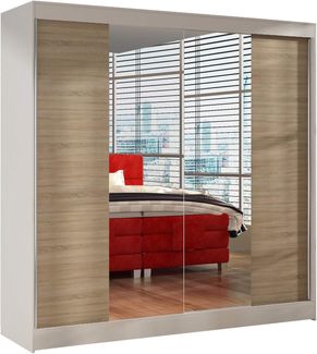 Schwebetürenschrank Basti II 200 cm mit Spiegel - Kleiderschrank, Schiebetürenschrank mit Kleiderstange und Einlegeboden, Schlafzimmerschrank, Schiebetüren, 200x215x58 cm (Weiß/Sonoma)