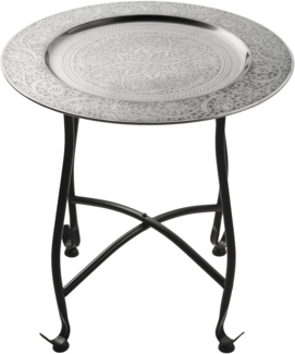 Marokkanischer Tisch Beistelltisch aus Metall Sule ø 40cm rund | Orientalischer runder Teetisch klein mit klappbaren Gestell in Schwarz | Das Tablett Diese Klapptische ist orientalisch in Silber