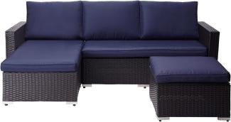 Teamson Home Terrasse Gartenmöbel, 3-Teiliges Rattan Weide Schnitt Set mit 2er-Sofa, Chaiselongue, Tisch und Kissen, Braun/Blau