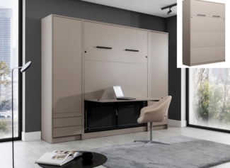 QMM TraumMöbel Schrankbett Wandbett GN 140x200 mit LED, Schreibtisch & 2 Schränken (Set) vertikal klappbar