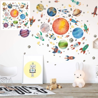 Sunnywall Wandtattoo XXL Rakete Space Ufo Weltraum Wandtattoo Set Kinderzimmer Aufkleber