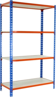 Simonrack Schwerlastregal, Lagerregal, 150 x 90 x 40 cm, Metallregal, Kellerregal, Biegestelle 150 kg, 4 Holzfachböden, Blau/Orange/Holz - Maderclick