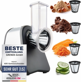 ADE Multireibe Elektrische Reibe, Gemüseschneider, inkl. 4 Einsätze, extrascharfe Klingen, Zerkleinerer für Gemüse, Obst, Nüsse, 200 W
