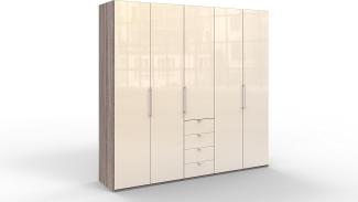 WIEMANN Loft Kleiderschrank, Schlafzimmerschrank, Gleittürenschrank, Drehtürenschrank, mit Schubladen, Glas magnolie, Trüffeleiche, Holz, B/H/T 250 x 236 x 58 cm