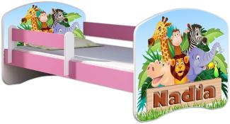 Kinderbett Jugendbett mit einer Schublade und Matratze Rausfallschutz Rosa 70x140 80x160 80x180 ACMA II (02N Animals name, 70x140 cm)