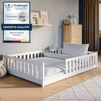Kids Collective Kinderbett Bodenbett Bett mit Rausfallschutz & Lattenrost Montessori Bett Kinder (Jungen, Mädchen, Kinder, weitere Größen 80x160, 90x200, 140x200 cm), Gitterbett Jugendbett weiß mit Matratze Junge Mädchen 140x200cm