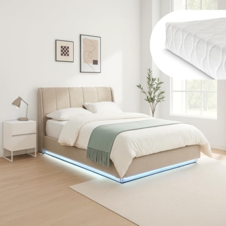 LED Polsterbett Tröstiar mit Matratze 160x200 cm Beige [en. casa]