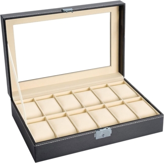 Intirilife Uhrenbox (1 St), Uhrenschatulle 12 Steckplätze Uhrenbox Glasdeckel in Schwarz 30x20x8cm