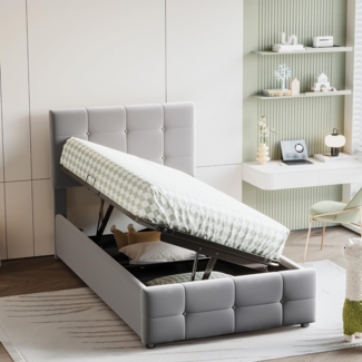 SOFTWEARY Stauraumbett mit Bettkasten und Lattenrost (90x200 cm), Kopfteil höhenverstellbar, Polsterbett, Samt