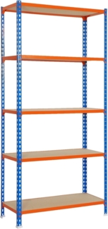 Simonrack Schwerlastregal, Lagerregal, 200 x 120 x 40 cm, Metallregal, Kellerregal, Biegestelle 200 kg, 5 Holzfachböden, Blau/Orange/Holz - Maderclick