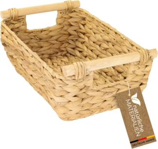 HMF Aufbewahrungskorb Aufbewahrungskorb mit Holzgriffen, Korb geflochten aus Wasserhyazinthe, Badezimmerkorb, lang und bauchig, 32 x 22 x 12 cm
