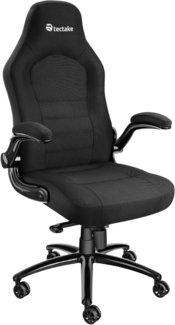 TecTake Bürostuhl mit klappbaren Armlehnen und Wippfunktion, stufenlos höhenverstellbarer Drehstuhl mit Stoffbezug, ergonomisch geformter Chefsessel mit komfortabler Polsterung (Schwarz | Nr. 404736)