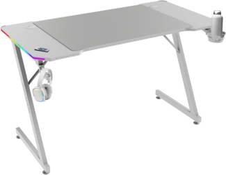 Mars Gaming MGD-X120RGB, Ergonomischer Gaming-Tisch, ARGB-Beleuchtung mit Fernbedienung, Carbonfaser, XXL-Mauspad, Kopfhörer und Getränkehalter, Kabelmanagement, Gaming-Schreibtisch 120x60 cm, Weiß