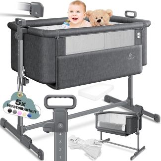 KESSER® Zustellbett Hubi 3in1 Baby Beistellbett Reisebett Babybett mit weich Matratze, mit Rollen Kinderbett, 5-fach Höhenverstellung, Faltbare Seitenwand für zu Hause und unterwegs Dunkelgrau