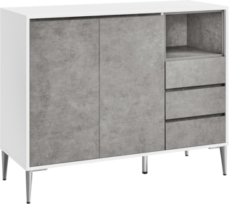 Vasagle Aufbewahrungsschrank, Sideboard, Küchenschrank mit Türen, höhenverstellbare Ablagen, 3 Schubladen, offenes Fach, modern, 40 x 103,5 x 85 cm für Wohnzimmer Küche, betongrau