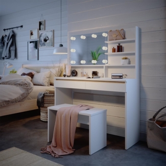 Schminktisch Emma Weiß 120 cm mit Spiegelregal, Bank & LED-Beleuchtung Vicco