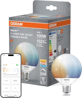 Osram SMART+ LED-Lampe Globe 95 E27 Tunable White, dimmbar, Matter-kompatibel, WiFi, steuerbar per App und Sprache, 14W, 2700-6500K