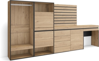 Skraut Home | Schuhregal, Schuhschrank | Schuhaufbewahrung | 297 x 145 x 35 | Für Schlafzimmer | Offener Kleiderschrank | Kommode mit Schubladen | Lamellenwand Holz | Schminktisch | Moderner Stil | Eiche