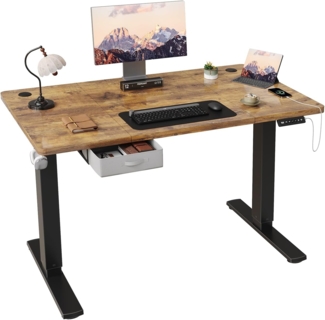 JUMMICO Höhenverstellbarer elektrischer Stehtisch 140x80 cm mit Schublade und Haken Höhenverstellbarer Sitz-Steh-Tisch mit stabilem Stahlrahmen, Rustikales Braun