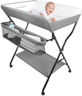 Wickeltisch Faltbar und Tragbar 3 in 1, max. Belastung 25 kg für neue, Wickeltisch mit Aufbewahrungskorb, Sicherheitsgurt und 4 Rollen mit Bremse, höhenverstellbar, 86 * 62 * 96 cm-grau