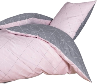 Davos Janine Biber Bettwäsche 2tlg grau rosa 65101-01| Bettwäsche-Set aus 100% Baumwolle | 2 teilige Wende-Bettwäsche 155x220 cm & Kissen 80x80 cm | Geometrisches Muster