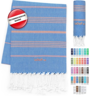 LeStoff Premium Hamamtuch - Vielseitig, Nachhaltig, Saugstark & Schnelltrocknend - 100% Bio-Baumwolle - Strand, Bade, Dusch, Yoga, Spa & Reise-Tuch (95x180 cm, Sky Blue - Orange)