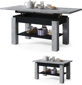 Couchtisch Kaffetisch Wohnzimmertisch Astra mit Brett Höhenverstellbar Weiß Betonoptik Sonoma Eiche Matt Hochglanz 05 (BETONOPTIK + SCHWARZ)