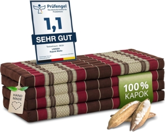 Nachhaltige Klappmatratze aus Kapok, breite Gästematratze vierteilig, Faltbare Matratze, ökologische Yogamatte, klappbares Gästebett, Liege für Garten und Balkon 200 x 110 x 8 cm (Weinrot)