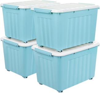 Cetomo 55L*4 Aufbewahrungsboxen mit Deckeln, Kunststoff-Aufbewahrungsbox mit Rollen und Clips, Kunststoffbox für Zuhause und Büro, BPA-frei, Nestbar, Stapelbar, Blau, 55L-4er Pack