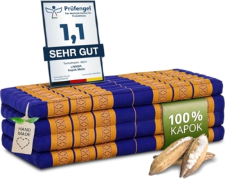 Nachhaltige Klappmatratze aus Kapok, breite Gästematratze vierteilig, Faltbare Matratze, ökologische Yogamatte, klappbares Gästebett, Liege für Garten und Balkon 200 x 110 x 8 cm (Blau/Gelb)