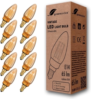 greenandco 10x LED Vintage Glühbirne zur Stimmungsbeleuchtung | E14 C35 | gold | 2W 65lm | 1800K extra warmweiß | 320° | 230V | flimmerfrei | nicht dimmbar | Edison Glühbirne