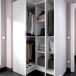 Dmora Meru, Eckschrank für Schlafzimmer, Kleiderschrank, Eckgarderobe mit 3 Flügeltüren, 133 x 91 x 184 cm, Weiß